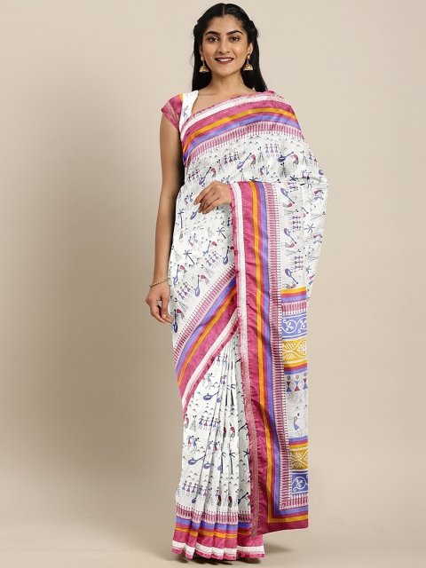 

Pavechas White & Pink Poly Crepe Printed Ikat Saree