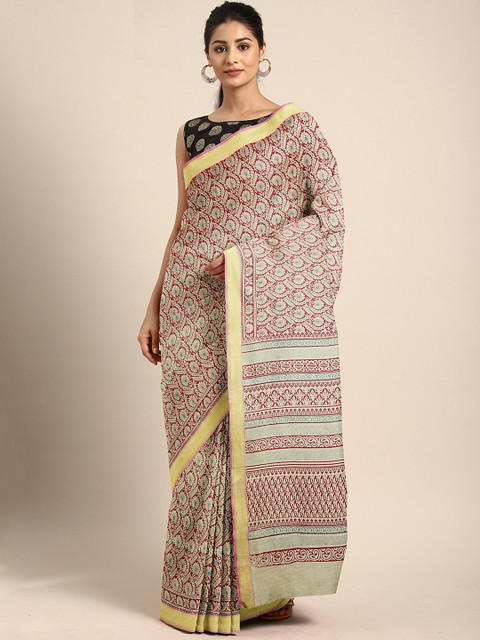

Pavechas Pink & Beige Polycotton Printed Venkatgiri Saree