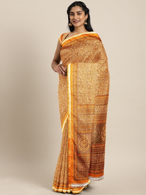

Pavechas Mustard Yellow & Taupe Poly Crepe Printed Mysore Silk Saree