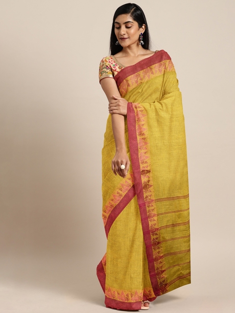 

Pavechas Mustard & Pink Pure Cotton Solid Taant Saree