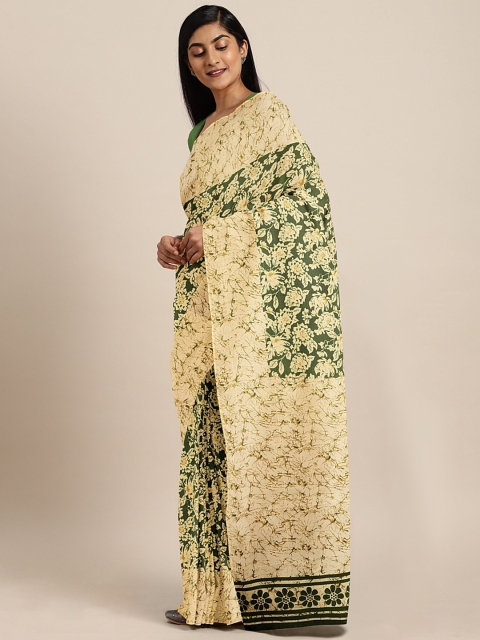 

Pavechas Green & Beige Polycotton Printed Mangalagiri Saree