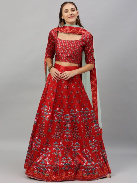 

flaher Pink & Green Printed Semi-Stitched Lehenga & Unstitched Blouse with Dupatta