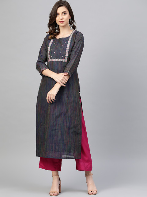 

Varanga Women Navy Blue & Pink Zari Yoke Design Straight Kurta