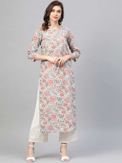 

Varanga Women Sea Green & Red Printed Straight Kurta