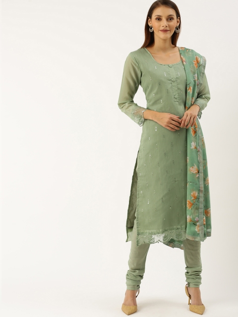 

Rajnandini Olive Green Silk Blend Embellished Semi-Stitched Dress Material