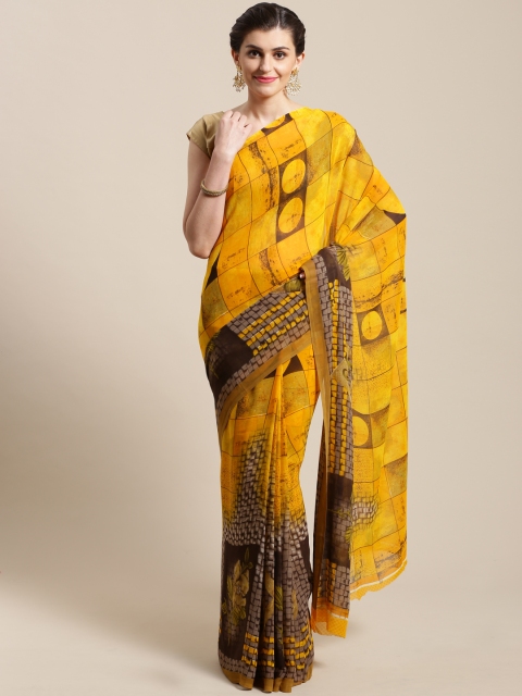 

Nanda Silk Mills Yellow & Brown Pure Georgette Printed Saree