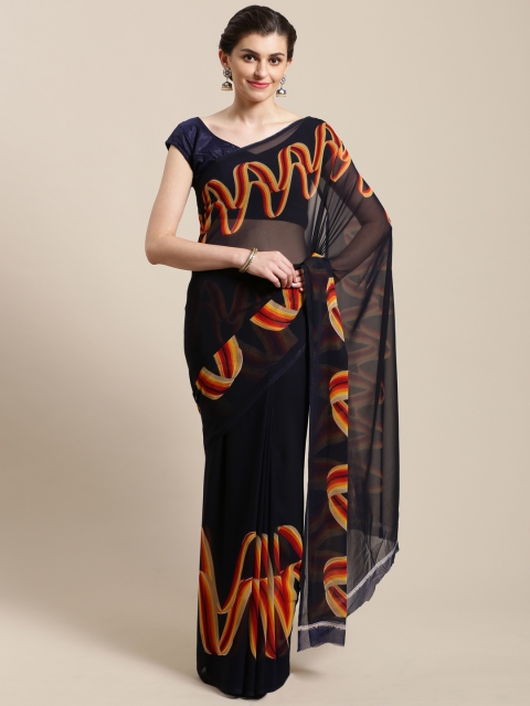 

Nanda Silk Mills Navy Blue Pure Georgette Printed Saree