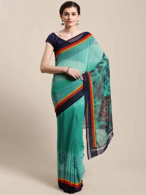 

Nanda Silk Mills Green & Navy Blue Pure Georgette Digital Print Saree