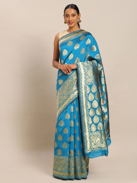 

Mitera Blue & Gold-Toned Art Silk Woven Design Banarasi Saree