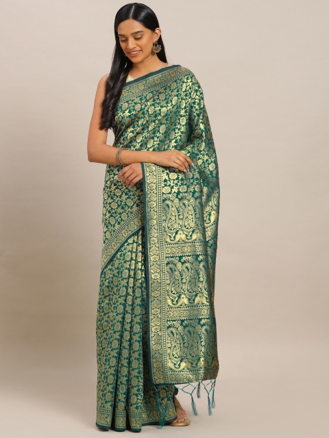 

Mitera Teal Green & Gold-Toned Art Silk Woven Design Banarasi Saree