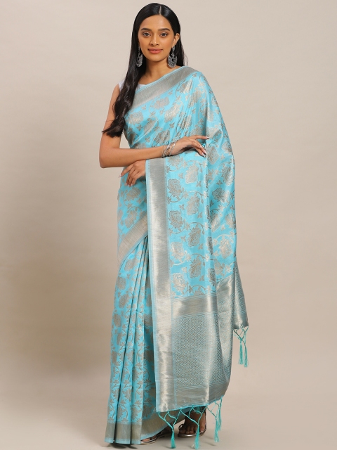 

Mitera Blue & Silver-Toned Art Silk Woven Design Banarasi Saree