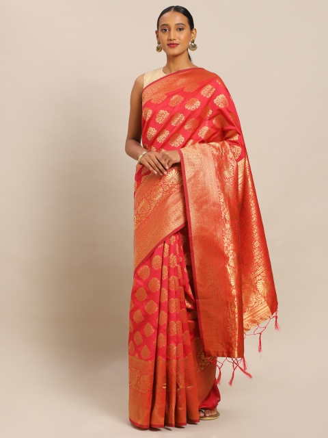 

Mitera Coral Pink & Gold-Toned Art Silk Woven Design Banarasi Saree