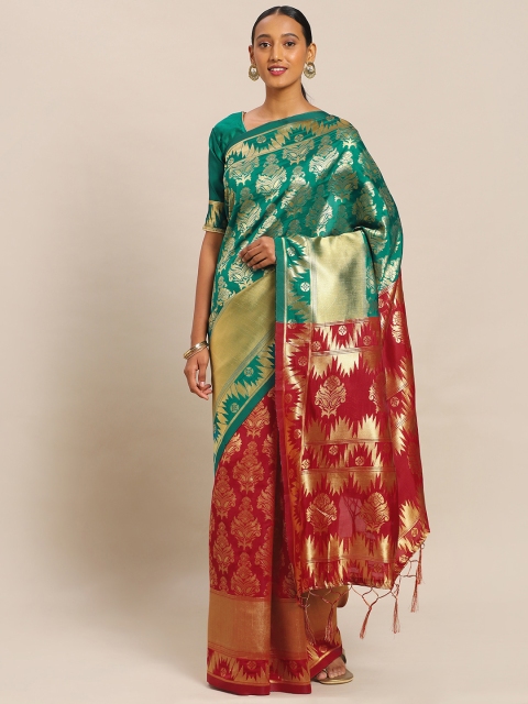 

Mitera Teal Green & Red Art Silk Woven Design Half and Half Banarasi Saree, Sea green