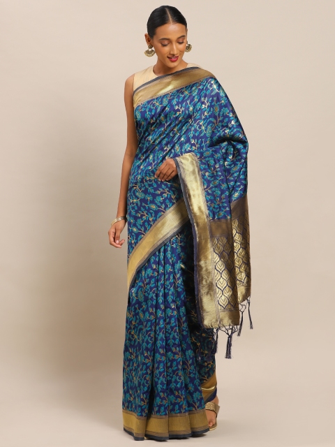 

Mitera Blue & Gold-Toned Art Silk Woven Design Banarasi Saree