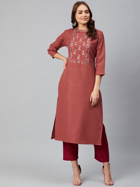 

KSUT Women Rust Red & Maroon Yoke Design Kurta with Trousers