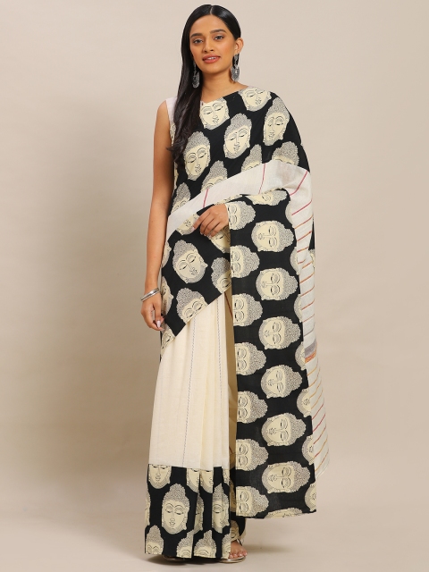 

Mitera Off-White & Black Pure Cotton Printed Handwoven Khadi Saree