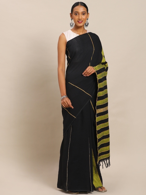 

Mitera Black & Olive Green Pure Cotton Striped Pure Handloom Soft Khadi Saree