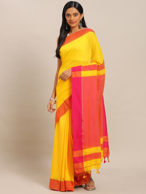 

Mitera Yellow & Pink Pure Cotton Solid Bengal Handloom Soft Khadi Saree