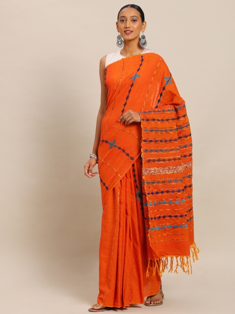 

Mitera Rust Orange & Blue Pure Cotton Hand Woven Design Kantha Khadi Khesh Saree