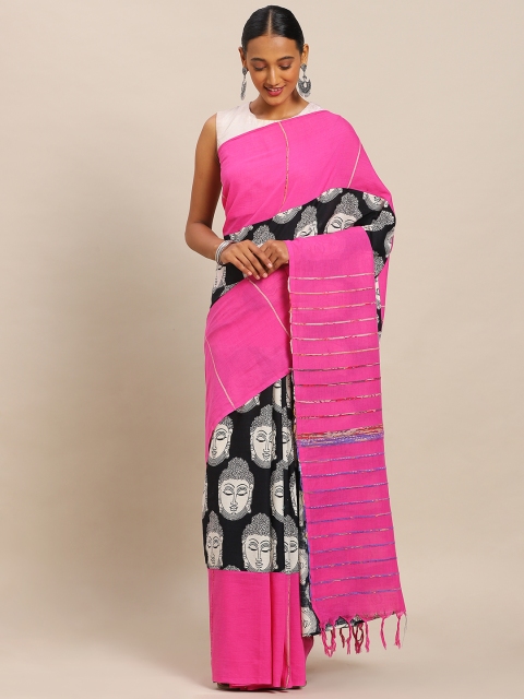 

Mitera Pink & Black Pure Cotton Printed Khadi Saree