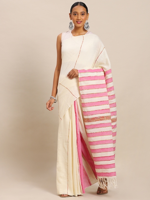 

Mitera Off-White & Pink Pure Cotton Handloom Woven Design Khadi Khesh Saree