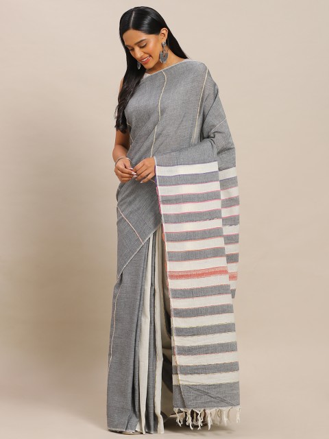

Mitera Grey Pure Cotton Striped Pure Handloom Soft Khadi Saree