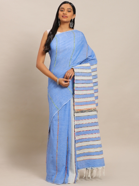 

Mitera Blue Pure Cotton Striped Pure Handloom Soft Khadi Saree