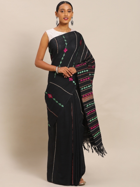 

Mitera Black & Green Pure Cotton Striped Pure Handwoven Kantha Khadi Saree