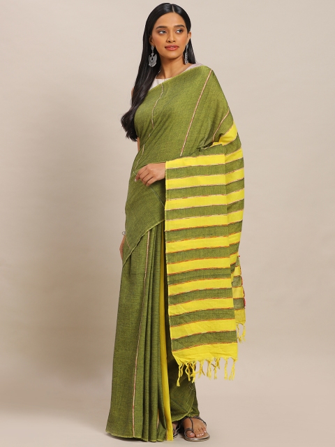 

Mitera Olive Green Pure Cotton Striped Pure Handloom Soft Khadi Saree