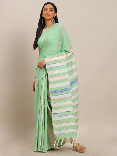

Mitera Sea Green & Cream-Coloured Pure Cotton Striped Khadi Saree