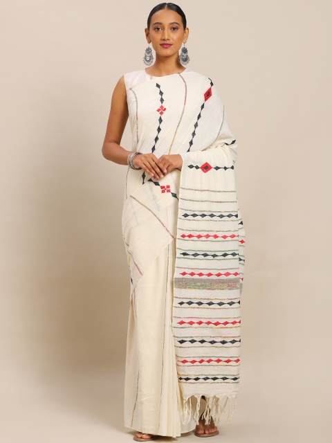 

Mitera Cream-Coloured Pure Cotton Striped Pure Handwoven Kantha Khadi Saree