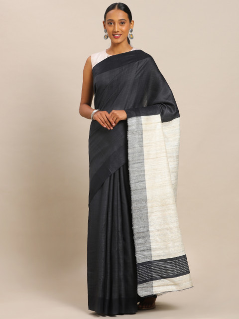 

Mitera Black Pure Silk Solid Tussar Saree