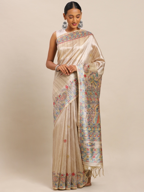 

Mitera Beige Pure Silk Printed Tussar Saree
