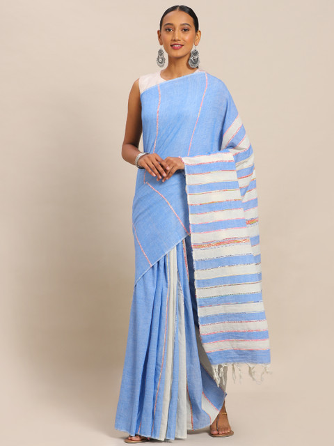 

Mitera Blue & Off-White Pure Cotton Handloom Woven Design Khadi Khesh Saree