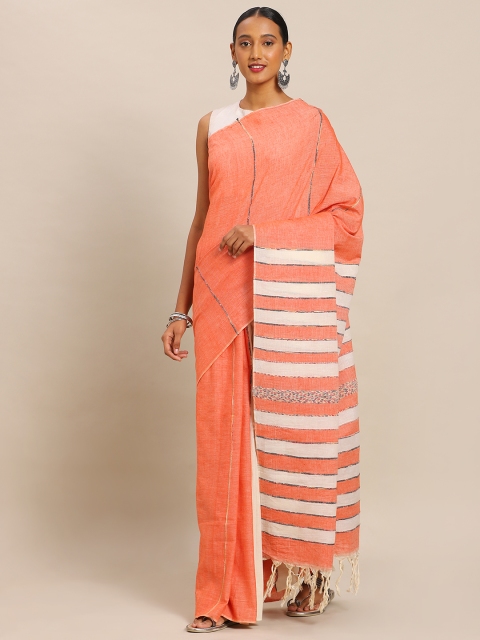 

Mitera Peach-Coloured Pure Cotton Striped Pure Handloom Soft Khadi Saree