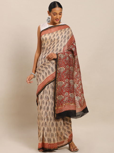 

Mitera Beige & Maroon Pure Silk Printed Maheshwari Saree