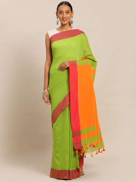 

Mitera Green & Pink Pure Cotton Solid Khadi Saree
