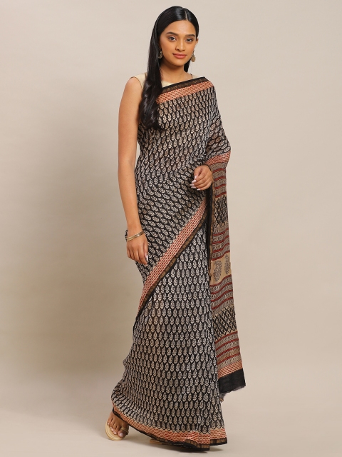 

Mitera Black & Beige Pure Silk Hand Block Printed Maheshwari Saree