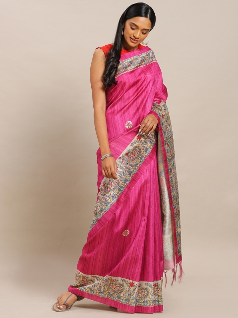 

Mitera Pink & Beige Pure Silk Madhubani Printed Tussar Saree