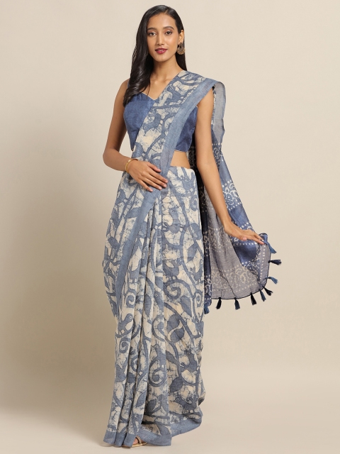 

SALWAR STUDIO Blue & Beige Silk Cotton Printed Bandhani Saree