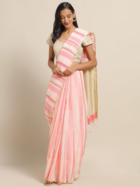 

SALWAR STUDIO Pink & Beige Pure Linen Striped Saree