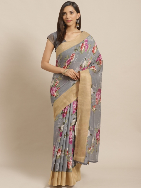 

SALWAR STUDIO Grey & Pink Handloom Pure Linen Floral Printed Saree