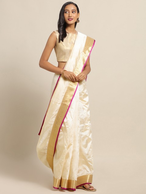 

SALWAR STUDIO Off-White & Gold-Toned Pure Cotton Solid Saree