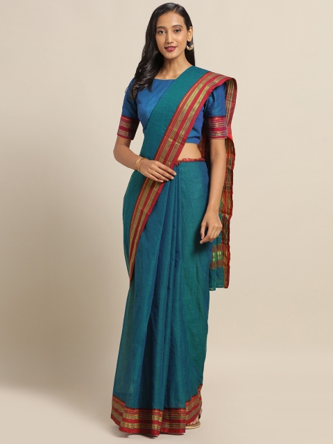 

SALWAR STUDIO Teal Blue Solid Pure Cotton Saree