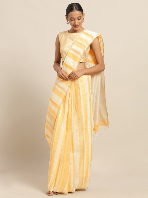 

SALWAR STUDIO Off-White & Orange Pure Linen Striped Saree