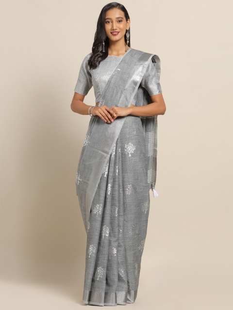 

SALWAR STUDIO Grey & Silver-Toned Pure Cotton Printed Khadi Saree