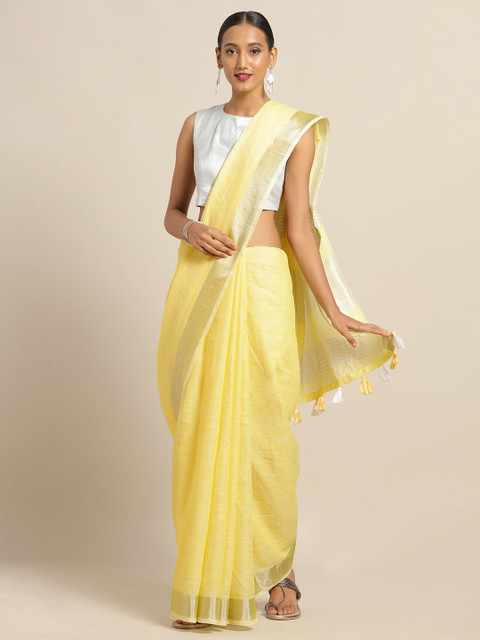 

SALWAR STUDIO Yellow Solid Pure Cotton Saree
