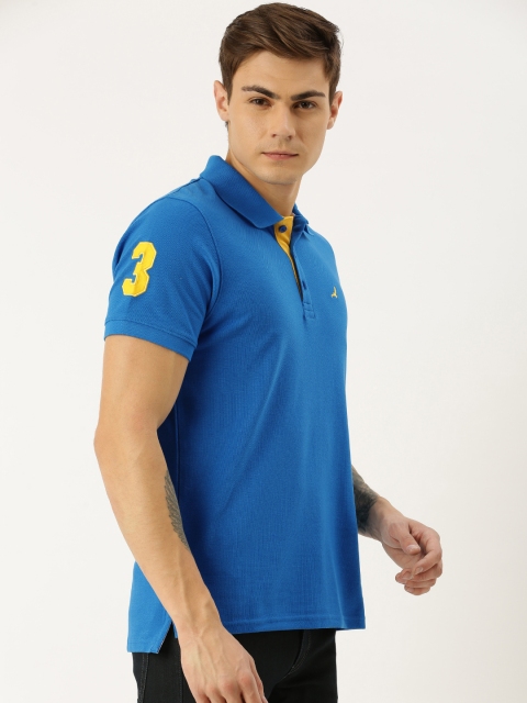 

American Crew Men Blue Solid Polo Collar T-shirt With Applique