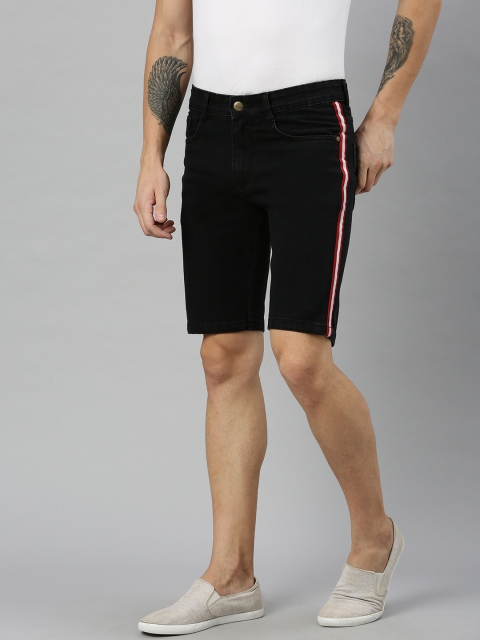 

Urbano Fashion Men Black Solid Slim Fit Side Striped Denim Shorts