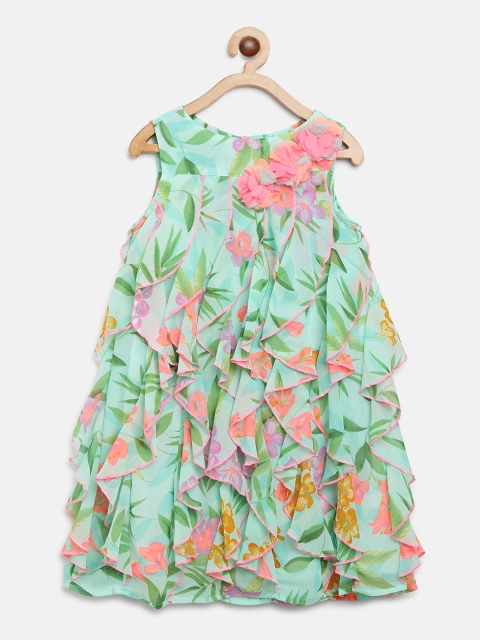 

Nauti Nati Girls Green & Pink Floral Print A-Line Dress with Ruffled Detail